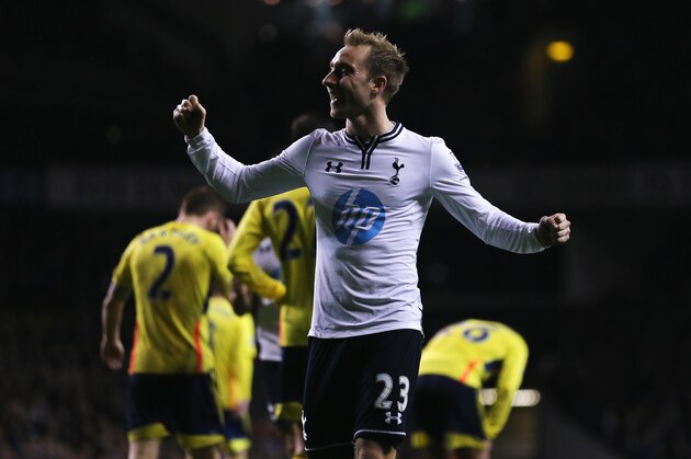 LONDON, ENGLAND - APRIL 07:  Christian Eriksen of Tottenham Hotspur celebrates scoring his team's third goal during the Barclays Premier League match between Tottenham Hotspur and Sunderland at White Hart Lane on April 7, 2014 in London, England.  (Photo by Ian Walton/Getty Images)