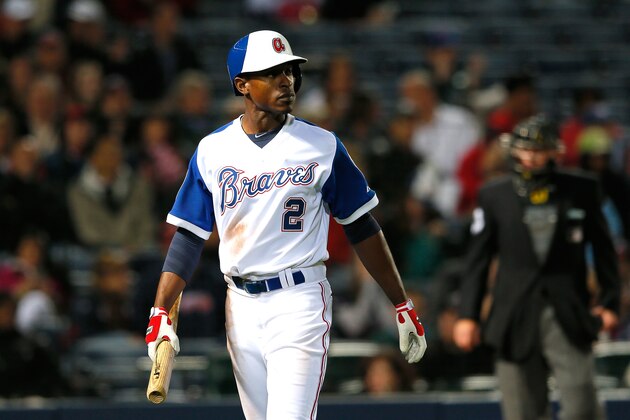 ATLANTA, GA - APRIL 08:  B.J. Upton #2 of the Atlanta Braves reacts after striking out in the eighth inning against the New York Mets at Turner Field on April 8, 2014 in Atlanta, Georgia.  (Photo by Kevin C. Cox/Getty Images)