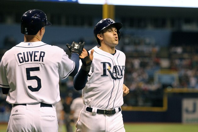 ST PETERSBURG, FL - APRIL 18:   Evan Longoria #3 of the Tampa Bay Rays celebrates with teammate Brandon Guyer #5 of the Tampa Bay Rays after scoring a run in the 8th inning against the New York Yankees at Tropicana Field on April 18, 2014 in St Petersburg, Florida.  (Photo by Scott Iskowitz/Getty Images)