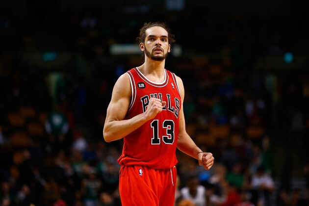 BOSTON, MA - MARCH 30: Joakim Noah #13 of the Chicago Bulls reacts to their win in the final seconds of the fourth quarter against the Boston Celtics during the game at TD Garden on March 30, 2014 in Boston, Massachusetts. NOTE TO USER: User expressly acknowledges and agrees that, by downloading and or using this photograph, User is consenting to the terms and conditions of the Getty Images License Agreement.  (Photo by Jared Wickerham/Getty Images)
