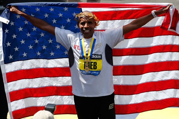 BOSTON, MA - APRIL 21:  Meb Keflezighi of the United States celebrates after winning the 118th Boston Marathon on April 21, 2014 in Boston, Massachusetts.  (Photo by Jim Rogash/Getty Images)
