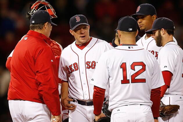 BOSTON, MA - APRIL 20:  Jake Peavy #44 of the Boston Red Sox reacts when he is removed  in the sixth inning against the Baltimore Orioles at Fenway Park on April 20, 2014 in Boston, Massachusetts.  (Photo by Jim Rogash/Getty Images)
