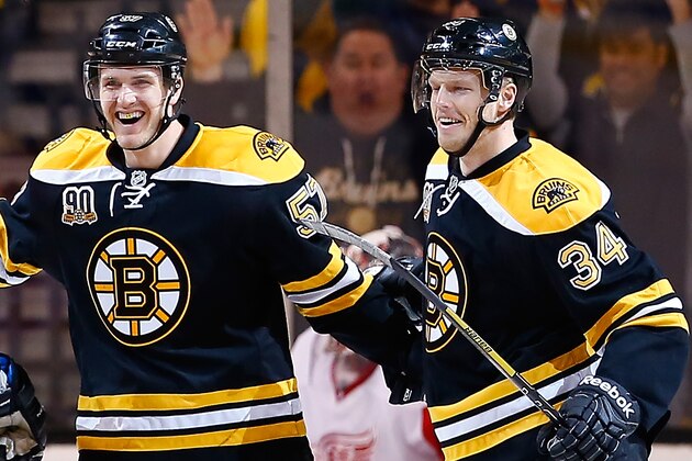 BOSTON, MA - APRIL 20:  Justin Florek #57 of the Boston Bruins celebrates his goal with teammates Carl Soderberg #34 and Andrej Meszaros in the first period against the Detroit Red Wings during the game at TD Garden on April 20, 2014 in Boston, Massachusetts.  (Photo by Jared Wickerham/Getty Images)