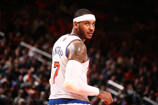 NEW YORK, NY - APRIL 02: Carmelo Anthony #7 of the New York Knicks during a game against the Brooklyn Nets at Madison Square Garden in New York City on April 02, 2014.  NOTE TO USER: User expressly acknowledges and agrees that, by downloading and or using this photograph, User is consenting to the terms and conditions of the Getty Images License Agreement. Mandatory Copyright Notice: Copyright 2014 NBAE  (Photo by Nathaniel S. Butler/NBAE via Getty Images)