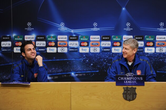 BARCELONA, SPAIN - MARCH 07:  Arsene Wenger (R), Manager of Arsenal sits besides player Cesc Fabregas during a press conference ahead of their UEFA Champions League round of 16 second leg match against Barcelona at the Camp Nou stadium on March 7, 2011 in Barcelona, Spain.  (Photo by Jasper Juinen/Getty Images)