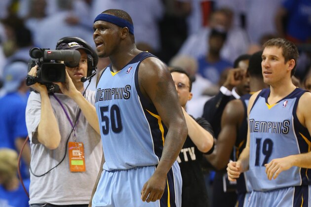 OKLAHOMA CITY, OK - APRIL 21:  Zach Randolph #50 of the Memphis Grizzlies celebrates a 111-105 win in overtime against the Oklahoma City Thunder in Game Two of the Western Conference Quarterfinals during the 2014 NBA Playoffs at Chesapeake Energy Arena on April 21, 2014 in Oklahoma City, Oklahoma.  NOTE TO USER: User expressly acknowledges and agrees that, by downloading and or using this photograph, User is consenting to the terms and conditions of the Getty Images License Agreement.  (Photo by Ronald Martinez/Getty Images)