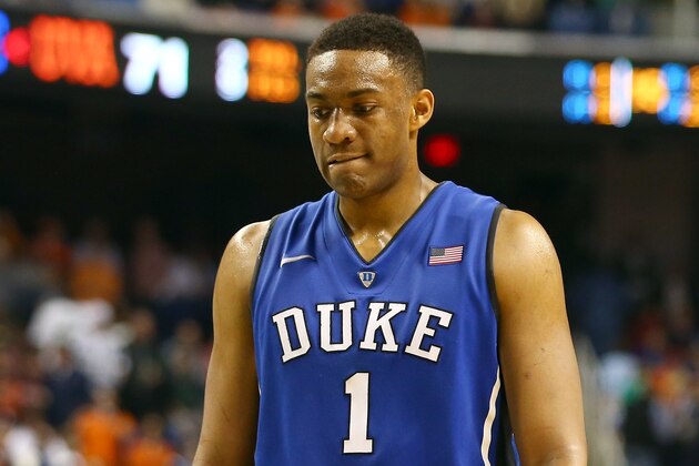GREENSBORO, NC - MARCH 16:  Jabari Parker #1 of the Duke Blue Devils reacts during their final minutes of their loss to the Virginia Cavaliers in the finals of the 2014 Men's ACC Basketball Tournament at Greensboro Coliseum on March 16, 2014 in Greensboro, North Carolina.  (Photo by Streeter Lecka/Getty Images)