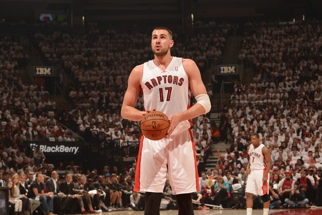 TORONTO, CANADA - APRIL 19: Jonas Valanciunas #17 of the the Toronto Raptors shoots the ball during Game One of the Eastern Conference Quarterfinals against the Brooklyn Nets of the 2014 NBA playoffs on April 19, 2014 at the Air Canada Centre in Toronto, Ontario, Canada. NOTE TO USER: User expressly acknowledges and agrees that, by downloading and or using this Photograph, user is consenting to the terms and conditions of the Getty Images License Agreement. Mandatory Copyright Notice: Copyright 2014 NBAE (Photo by Ron Turenne/NBAE via Getty Images) TORONTO, CANADA - APRIL 19: Jonas Valanciunas #17 of the the Toronto Raptors shoots the ball during Game One of the Eastern Conference Quarterfinals against the Brooklyn Nets of the 2014 NBA playoffs on April 19, 2014 at the Air Canada Centre in Toronto, Ontario, Canada. NOTE TO USER: User expressly acknowledges and agrees that, by downloading and or using this Photograph, user is consenting to the terms and conditions of the Getty Images License Agreement. Mandatory Copyright Notice: Copyright 2014 NBAE (Photo by Ron Turenne/NBAE via Getty Images)