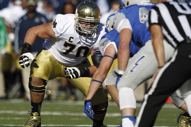 Notre Dame offensive tackle Zack Martin, back, faces off against Air Force in the first quarter of an NCAA football game at the Air Force Academy, Colo., on Saturday, Oct. 26, 2013. (AP Photo/David Zalubowski)