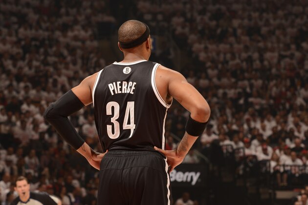 TORONTO, CANADA - APRIL 19:  Paul Pierce #34 of the Brooklyn Nets stands on the court during Game One of the Eastern Conference Quarterfinals against the Toronto Raptors of the 2014 NBA playoffs on April 19, 2014 at the Air Canada Centre in Toronto, Ontario, Canada. NOTE TO USER: User expressly acknowledges and agrees that, by downloading and or using this Photograph, user is consenting to the terms and conditions of the Getty Images License Agreement. Mandatory Copyright Notice: Copyright 2014 NBAE (Photo by Ron Turenne/NBAE via Getty Images)
