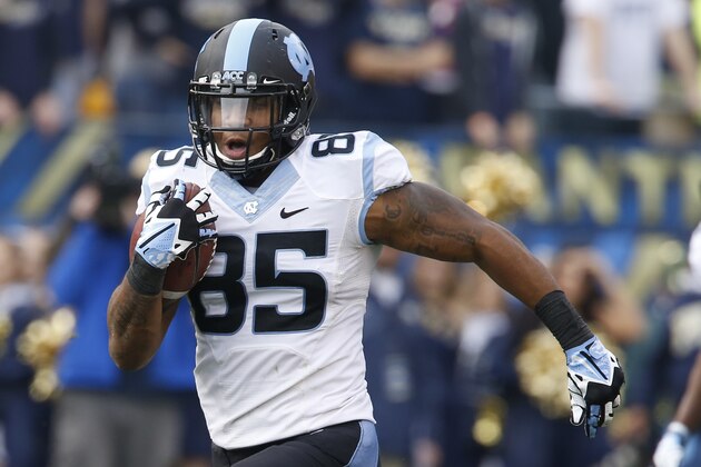 North Carolina tight end Eric Ebron (85) in action in an NCAA football game between Pittsburgh and North Carolina, Saturday, Nov. 16, 2013 in Pittsburgh. (AP Photo/Keith Srakocic)