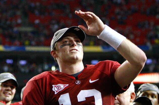 ATLANTA - DECEMBER 05:  Quarterback Greg McElroy #12 of the Alabama Crimson Tide celebrates after their 32-13 win over the Florida Gators in the SEC Championship at Georgia Dome on December 5, 2009 in Atlanta, Georgia.  (Photo by Kevin C. Cox/Getty Images)