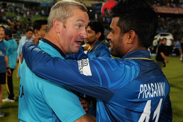 DHAKA, BANGLADESH - APRIL 06: Sri Lanka coach Paul Farbrace celebrates with Seekuge Prasanna after winning the ICC World Twenty20 Bangladesh 2014 Final between India and Sri Lanka at Sher-e-Bangla Mirpur Stadium on April 6, 2014 in Dhaka, Bangladesh. (Photo by Gareth Copley/Getty Images) DHAKA, BANGLADESH - APRIL 06: Sri Lanka coach Paul Farbrace celebrates with Seekuge Prasanna after winning the ICC World Twenty20 Bangladesh 2014 Final between India and Sri Lanka at Sher-e-Bangla Mirpur Stadium on April 6, 2014 in Dhaka, Bangladesh. (Photo by Gareth Copley/Getty Images)