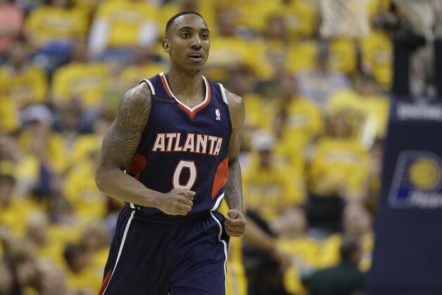 Atlanta Hawks' Jeff Teague in action during the second half in Game 1 of an opening-round NBA basketball playoff series against the Atlanta Hawks Saturday, April 19, 2014, in Indianapolis. Atlanta defeated Indiana 101-93. (AP Photo/Darron Cummings)