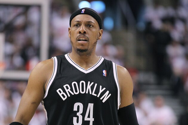 TORONTO, ON - APRIL 19:  Paul Pierce #34 of the Brooklyn Nets reacts to a play against the Toronto Raptors in Game One of the NBA Eastern Conference play-off at the Air Canada Centre on April 19, 2014 in Toronto, Ontario, Canada. The Nets defeated the Raptors 94-87 to take a 1-0 series lead. NOTE TO USER: user expressly acknowledges and agrees that, by downloading and/or using this Photograph, user is consenting to the terms and conditions of the Getty Images License Agreement. (Photo by Claus Andersen/Getty Images)