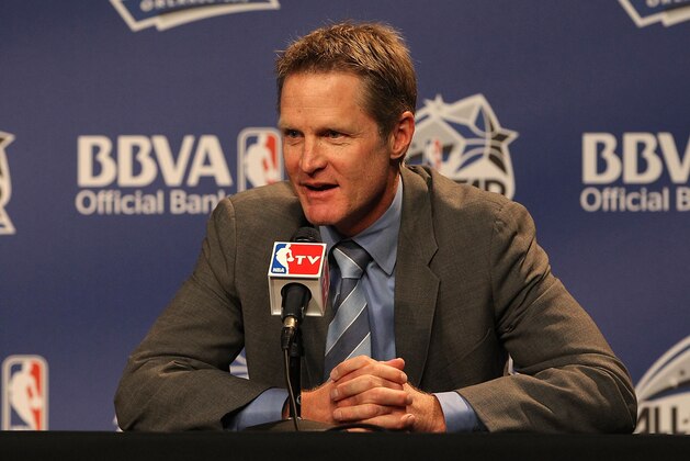 ORLANDO, FL - FEBRUARY 24:  Coach Steve Kerr of Team Shaq responds to reporters during a press conference prior to the BBVA Rising Stars Challenge as part of 2012 All-Star Weekend at the Amway Center on February 24, 2012 in Orlando, Florida. NOTE TO USER: User expressly acknowledges and agrees that, by downloading and/or using this photograph, user is consenting to the terms and conditions of the Getty Images License Agreement.  Mandatory Copyright Notice: Copyright 2012 NBAE (Photo by Gary Dineen/NBAE via Getty Images)