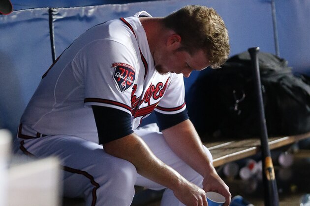 Atlanta Braves relief pitcher Craig Kimbrel (46) sits on the bench after blowing a save opportunity in the ninth inning of a baseball game against the Miami Marlins Monday, April 21, 2014 in Atlanta.  (AP Photo/John Bazemore)