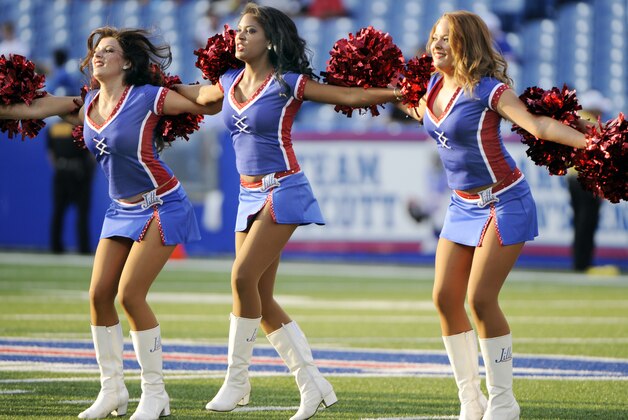 The Buffalo Jills' perform before an NFL preseason football game featuring the Buffalo Bills against the Detroit Lions Thursday, Aug. 29, 2013, in Orchard Park, N.Y. (AP Photo/Gary Wiepert)