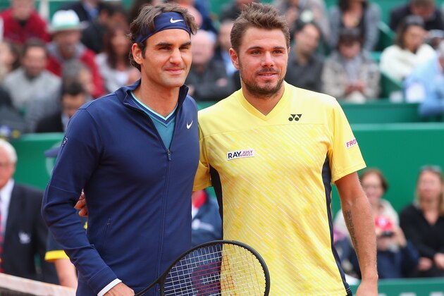MONTE-CARLO, MONACO - APRIL 20:  Stanislas Wawrinka of Switzerland lines up with Roger Federer of Switzerland in the final during day eight of the ATP Monte Carlo Rolex Masters Tennis at Monte-Carlo Sporting Club on April 20, 2014 in Monte-Carlo, Monaco.  (Photo by Julian Finney/Getty Images)