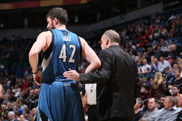 MINNEAPOLIS, MN - April 2: Kevin Love #42 and head coach Rick Adelman of the Minnesota Timberwolves stand on the sideline during a game against the Memphis Grizzlies on April 2, 2014 at Target Center in Minneapolis, Minnesota. NOTE TO USER: User expressly acknowledges and agrees that, by downloading and or using this Photograph, user is consenting to the terms and conditions of the Getty Images License Agreement. Mandatory Copyright Notice: Copyright 2014 NBAE (Photo by David Sherman/NBAE via Getty Images) MINNEAPOLIS, MN - April 2: Kevin Love #42 and head coach Rick Adelman of the Minnesota Timberwolves stand on the sideline during a game against the Memphis Grizzlies on April 2, 2014 at Target Center in Minneapolis, Minnesota. NOTE TO USER: User expressly acknowledges and agrees that, by downloading and or using this Photograph, user is consenting to the terms and conditions of the Getty Images License Agreement. Mandatory Copyright Notice: Copyright 2014 NBAE (Photo by David Sherman/NBAE via Getty Images)