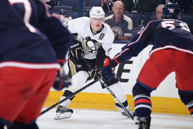 COLUMBUS, OH - APRIL 21: Evgeni Malkin #71 of the Pittsburgh Penguins skates the puck into the zone during the second period in Game Three of the First Round of the 2014 Stanley Cup Playoffs on April 21, 2014 at Nationwide Arena in Columbus, Ohio.  (Photo by Jamie Sabau/NHLI via Getty Images)