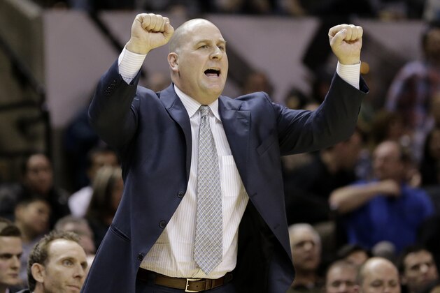 San Antonio Spurs assistant coach  Jim Boylen during the second half on an NBA basketball game against the Trail Blazers, Friday, Jan. 17, 2014, in San Antonio. Portland won 109-100.  (AP Photo/Eric Gay)
