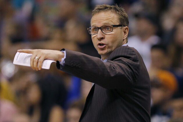 Oklahoma City Thunder head coach Scott Brooks calls a play during the first half of an NBA basketball game against the Phoenix Suns on Sunday, April 6, 2014, in Phoenix. The Suns won 122-115. (AP Photo/Matt York)