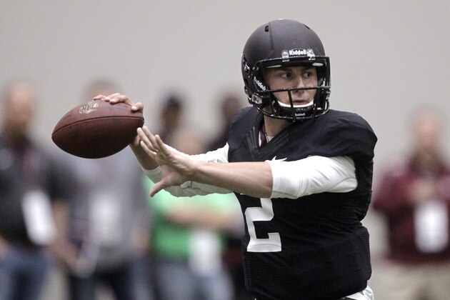 Texas A&M quarterback Johnny Manziel passes the ball during a drill at pro day for NFL football representatives in College Station, Texas, Thursday, March 27, 2014. (AP Photo/Patric Schneider)