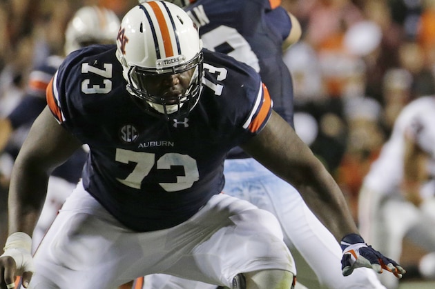 Auburn offensive linesman Greg Robinson (73) is pictured during the second half of an NCAA college football game in Auburn, Ala., Saturday, Nov. 16, 2013. Auburn beat Georgia 43-38. (AP Photo/Dave Martin)