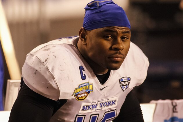 Buffalo linebacker Khalil Mack (46) watches the offense at work from the sideline during the second half of the Famous Idaho Potato Bowl NCAA college football game against San Diego State in Boise, Idaho, on Saturday, Dec. 21, 2013. San Diego State defeated Buffalo 49-24. (AP Photo/Otto Kitsinger)