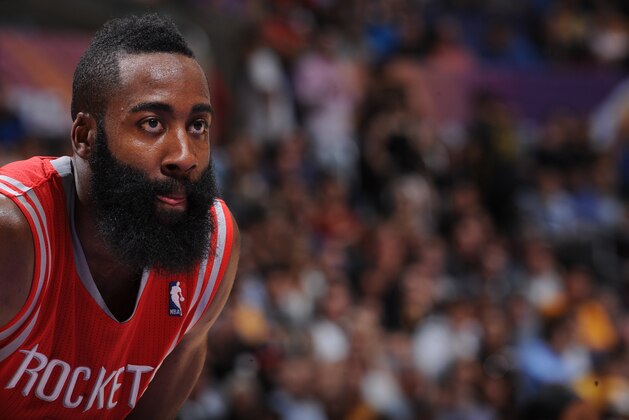 LOS ANGELES, CA - APRIL 8: James Harden #13 of the Houston Rockets looks on during a game against the Los Angeles Lakers at Staples Center on April 8, 2014 in Los Angeles, California. NOTE TO USER: User expressly acknowledges and agrees that, by downloading and/or using this Photograph, user is consenting to the terms and conditions of the Getty Images License Agreement. Mandatory Copyright Notice: Copyright 2014 NBAE (Photo by Noah Graham/NBAE via Getty Images)