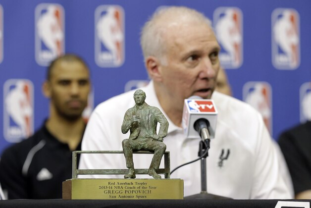 San Antonio Spurs coach Gregg Popovich sits with the Red Auerbach trophy during a news conference after he was named NBA basketball coach of the year, Tuesday, April 22, 2014, in San Antonio. Popovich has won the award three times. (AP Photo/Eric Gay)