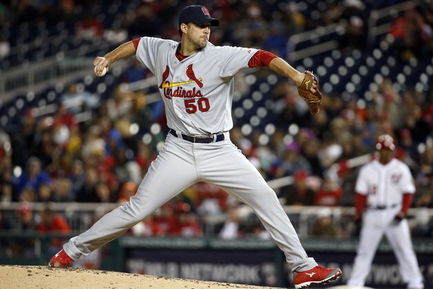 St. Louis Cardinals starting pitcher Adam Wainwright throws during a baseball game against the Washington Nationals at Nationals Park Thursday, April 17, 2014, in Washington. (AP Photo/Alex Brandon)
