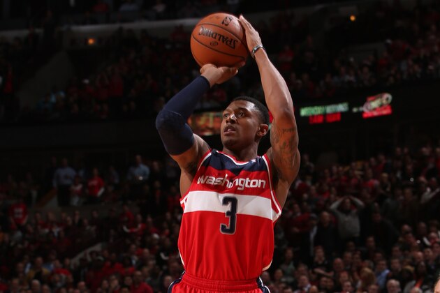 CHICAGO, IL - APRIL 22: Bradley Beal #3 of the Washington Wizards takes a shot against the Chicago Bulls in Game 2 of the Eastern Conference Quarterfinals on April 22, 2014 at the United Center in Chicago, Illinois. NOTE TO USER: User expressly acknowledges and agrees that, by downloading and/or using this photograph, user is consenting to the terms and conditions of the Getty Images License Agreement.  Mandatory Copyright Notice: Copyright 2014 NBAE (Photo by Gary Dineen/NBAE via Getty Images)
