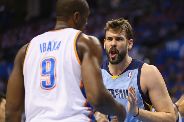 OKLAHOMA CITY, OK - APRIL 21: Marc Gasol #33 of the Memphis Grizzlies talks to Serge Ibaka #9 of the Oklahoma City Thunder in Game Two of the Western Conference Quarterfinals during the 2014 NBA Playoffs at Chesapeake Energy Arena on April 21, 2014 in Oklahoma City, Oklahoma. NOTE TO USER: User expressly acknowledges and agrees that, by downloading and or using this photograph, User is consenting to the terms and conditions of the Getty Images License Agreement. (Photo by Ronald Martinez/Getty Images) OKLAHOMA CITY, OK - APRIL 21: Marc Gasol #33 of the Memphis Grizzlies talks to Serge Ibaka #9 of the Oklahoma City Thunder in Game Two of the Western Conference Quarterfinals during the 2014 NBA Playoffs at Chesapeake Energy Arena on April 21, 2014 in Oklahoma City, Oklahoma. NOTE TO USER: User expressly acknowledges and agrees that, by downloading and or using this photograph, User is consenting to the terms and conditions of the Getty Images License Agreement. (Photo by Ronald Martinez/Getty Images)