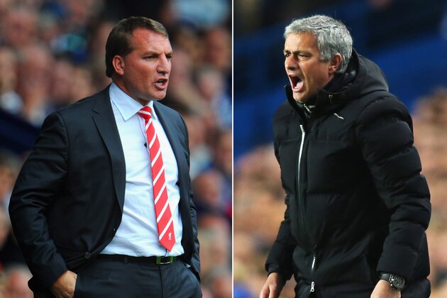 FILE PHOTO - EDITORS NOTE: COMPOSITE OF TWO IMAGES - Image Numbers 150452492 (L) and 479407505) In this composite image a comparison has been made between Brendan Rodgers ,manager of Liverpool (L) and Chelsea manager Jose Mourinho. The top two teams in the Premier League meet in a league match on April 27, 2014 at Anfield in Liverpool,England.   ***LEFT IMAGE*** WEST BROMWICH, ENGLAND - AUGUST 18: Liverpool manager Brendan Rodgers looks on during the Barclays Premier League match between West Bromwich Albion and Liverpool at The Hawthorns on August 18, 2012 in West Bromwich, England. (Photo by Michael Regan/Getty Images) ***RIGHT IMAGE*** LONDON, ENGLAND - MARCH 18: Jose Mourinho manager of Chelsea shouts during the UEFA Champions League Round of 16 second leg match between Chelsea and Galatasaray AS at Stamford Bridge on March 18, 2014 in London, England. (Photo by Clive Rose/Getty Images)