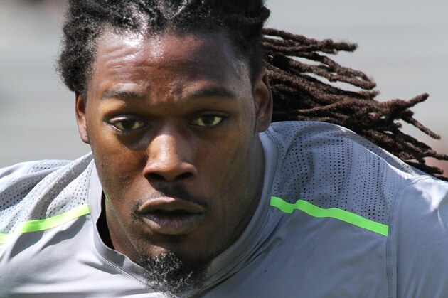 South Carolina defensive end Jadeveon Clowney competes in a drill for NFL representatives at South Carolina football pro day in Columbia, S.C., Wednesday, April 2, 2014. (AP Photo/Mary Ann Chastain)