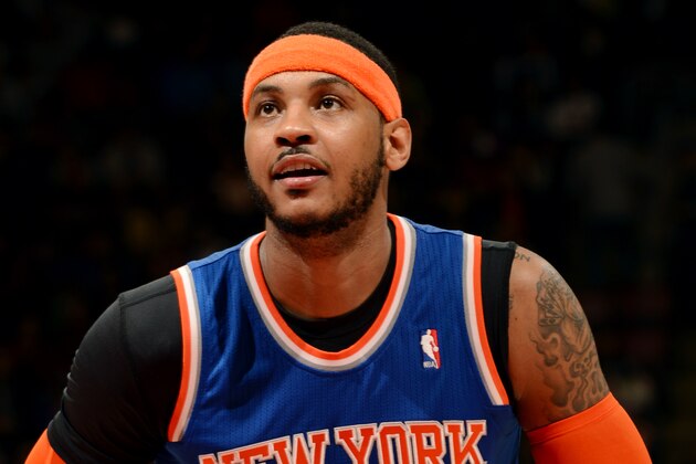 TORONTO, CANADA - April 11: Carmelo Anthony #7 of the New York Knicks attempts a free throw against the Toronto Raptors on April 11, 2014 at the Air Canada Centre in Toronto, Ontario, Canada. NOTE TO USER: User expressly acknowledges and agrees that, by downloading and or using this Photograph, user is consenting to the terms and conditions of the Getty Images License Agreement. Mandatory Copyright Notice: Copyright 2014 NBAE (Photo by Ron Turenne/NBAE via Getty Images) TORONTO, CANADA - April 11: Carmelo Anthony #7 of the New York Knicks attempts a free throw against the Toronto Raptors on April 11, 2014 at the Air Canada Centre in Toronto, Ontario, Canada. NOTE TO USER: User expressly acknowledges and agrees that, by downloading and or using this Photograph, user is consenting to the terms and conditions of the Getty Images License Agreement. Mandatory Copyright Notice: Copyright 2014 NBAE (Photo by Ron Turenne/NBAE via Getty Images)