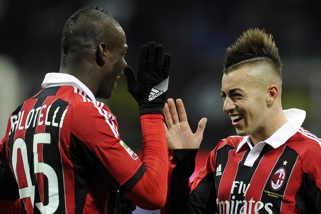 MILAN, ITALY - FEBRUARY 03:  Mario Balotelli of AC Milan celebrates with his team-mate Stephan El Shaarawy after scoring during the Serie A match between AC Milan and Udinese Calcio at San Siro Stadium on February 3, 2013 in Milan, Italy.  (Photo by Claudio Villa/Getty Images)