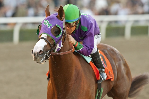 In a photo provided by Benoit Photo, California Chrome and jockey Victor Espinoza win the $250,000 California Cup Derby horse race, Saturday, Jan. 25, 2014, at Santa Anita in Arcadia, Calif. (AP Photo/Benoit Photo)