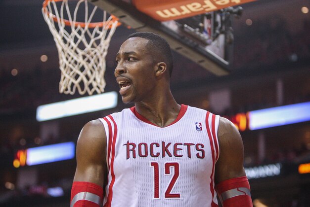 Apr 20, 2014; Houston, TX, USA; Houston Rockets center Dwight Howard (12) reacts after a call during the second quarter against the Portland Trail Blazers in game one during the first round of the 2014 NBA Playoffs at Toyota Center. Mandatory Credit: Troy Taormina-USA TODAY Sports Apr 20, 2014; Houston, TX, USA; Houston Rockets center Dwight Howard (12) reacts after a call during the second quarter against the Portland Trail Blazers in game one during the first round of the 2014 NBA Playoffs at Toyota Center. Mandatory Credit: Troy Taormina-USA TODAY Sports