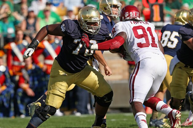 SOUTH BEND, IN - SEPTEMBER 28: Ronnie Stanley #78 of the Notre Dame Fighting Irish blocks Charles Tapper #91 of the Oklahoma Sooners at Notre Dame Stadium on September 28, 2013 in South Bend, Indiana. Oklahoma defeated Notre Dame 35-21. (Photo by Jonathan Daniel/Getty Images)