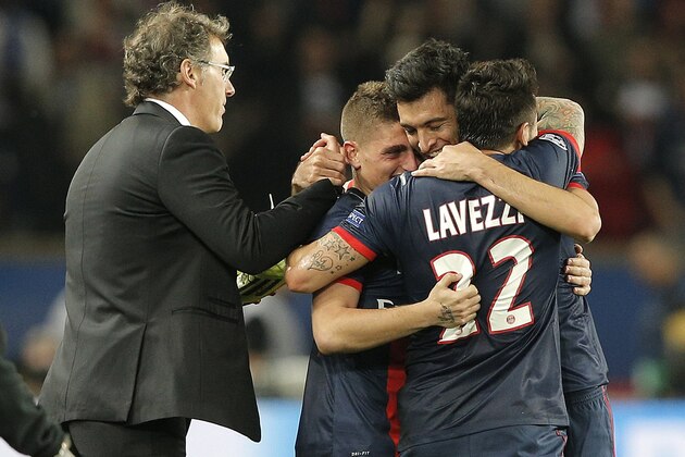 PSG's coach Laurent Blanc, left, congratulates his players after the Champions League quarterfinal first leg soccer match between PSG and Chelsea, at the Parc des Princes stadium, in Paris, Wednesday, April 2, 2014. PSG won the match 3-1. (AP Photo/Christophe Ena) PSG's coach Laurent Blanc, left, congratulates his players after the Champions League quarterfinal first leg soccer match between PSG and Chelsea, at the Parc des Princes stadium, in Paris, Wednesday, April 2, 2014. PSG won the match 3-1. (AP Photo/Christophe Ena)