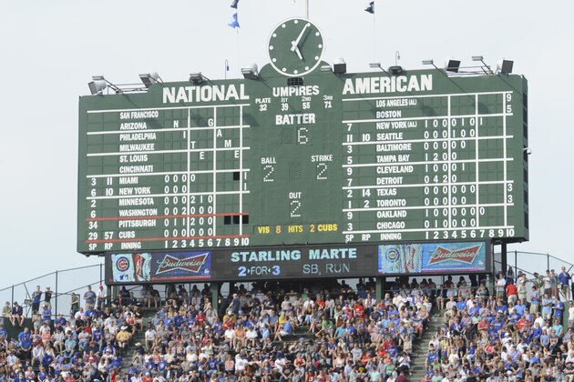 Wrigley Field bleachers and scoreboard during a game between the Cubs and the Pittsburgh Pirates Saturday June 8, 2013 in Chicago, Il. (AP Photo/Joe Raymond
