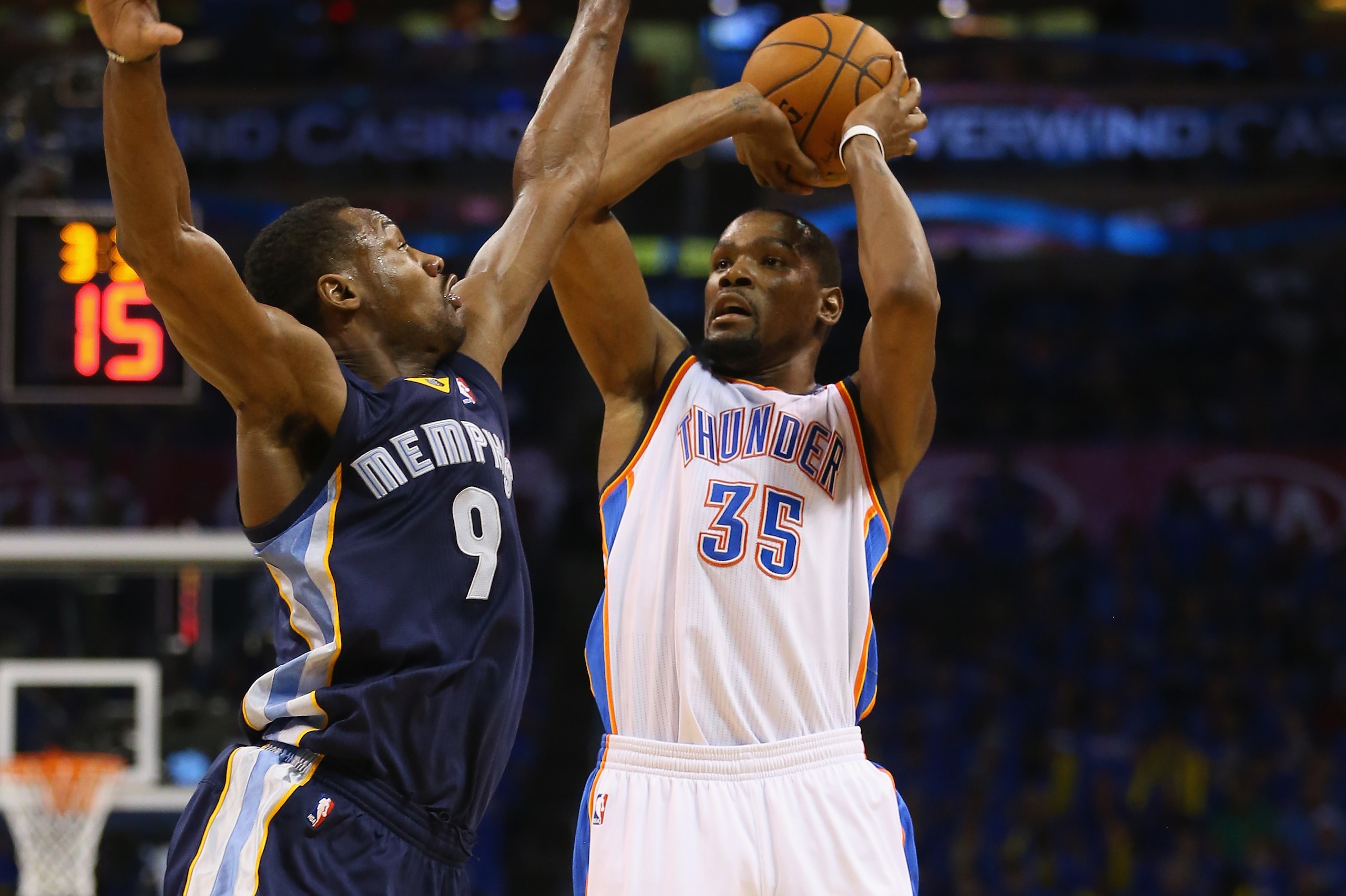 OKLAHOMA CITY, OK - APRIL 19:  Kevin Durant #35 of the Oklahoma City Thunder takes a shot against Tony Allen #9 of the Memphis Grizzlies in Game One of the Western Conference Quarterfinals during the 2014 NBA Playoffs at Chesapeake Energy Arena on April 19, 2014 in Oklahoma City, Oklahoma.  NOTE TO USER: User expressly acknowledges and agrees that, by downloading and or using this photograph, User is consenting to the terms and conditions of the Getty Images License Agreement.  (Photo by Ronald Martinez/Getty Images)