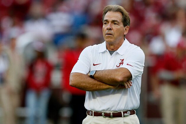 TUSCALOOSA, AL - OCTOBER 19:  Head coach Nick Saban of the Alabama Crimson Tide looks on during pregame warmups prior to facing the Arkansas Razorbacks at Bryant-Denny Stadium on October 19, 2013 in Tuscaloosa, Alabama.  (Photo by Kevin C. Cox/Getty Images)