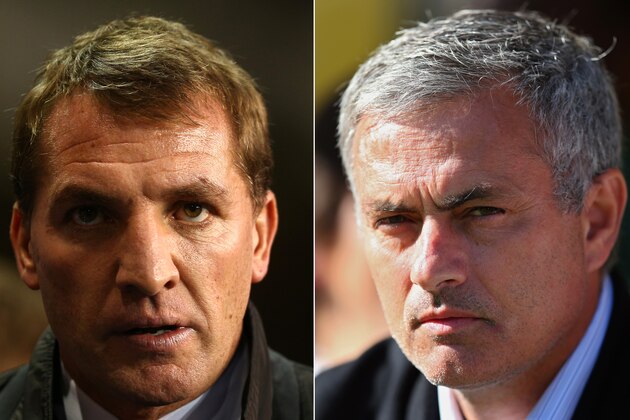 FILE PHOTO - EDITORS NOTE: COMPOSITE OF TWO IMAGES - Image Numbers 456837437 (L) and 183386392) In this composite image a comparison has been made between Brendan Rodgers ,manager of Liverpool (L) and Chelsea manager Jose Mourinho. The top two teams in the Premier League meet in a league match on April 27, 2014 at Anfield in Liverpool,England.   ***LEFT IMAGE*** LONDON, ENGLAND - DECEMBER 15: Manager Brendan Rodgers of Liverpool looks on during the Barclays Premier League match between Tottenham Hotspur and Liverpool at White Hart Lane on December 15, 2013 in London, England. (Photo by Paul Gilham/Getty Images) ***RIGHT IMAGE*** NORWICH, ENGLAND - OCTOBER 06: Manager Jose Mourinho of Chelsea looks on ahead of the Barclays Premier League match between Norwich City and Chelsea at Carrow Road on October 6, 2013 in Norwich, England. (Photo by Julian Finney/Getty Images)