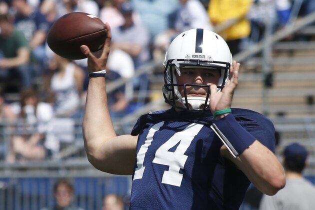 Penn State quarterback Christian Hackenberg (14) during warmups before the Penn State annual Blue-White Game NCAA football scrimmage on Saturday, April 12, 2014 in State College, Pa. (AP Photo/Keith Srakocic)