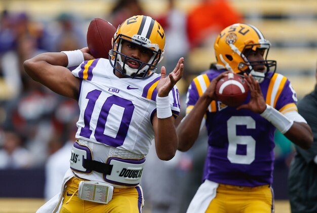 Apr 5, 2014; Baton Rouge, LA, USA; LSU Tigers quarterback Anthony Jennings (10) during the 2014 spring game at Tiger Stadium. Mandatory Credit: Derick E. Hingle-USA TODAY Sports Apr 5, 2014; Baton Rouge, LA, USA; LSU Tigers quarterback Anthony Jennings (10) during the 2014 spring game at Tiger Stadium. Mandatory Credit: Derick E. Hingle-USA TODAY Sports