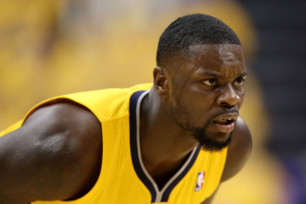 Apr 19, 2014; Indianapolis, IN, USA; Indiana Pacers guard Lance Stephenson (1) plays defense against the Atlanta Hawks in game one during the first round of the 2014 NBA Playoffs at Bankers Life Fieldhouse. Mandatory Credit: Brian Spurlock-USA TODAY Sports